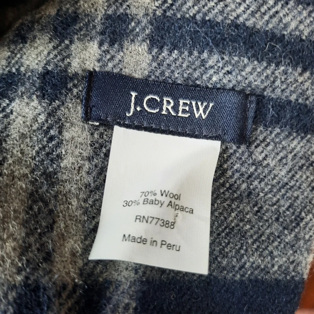 J. Crew Wool Baby Alpaca Gray Navy Blue Plaid Fringe Ends Winter Scarf Unisex OS
